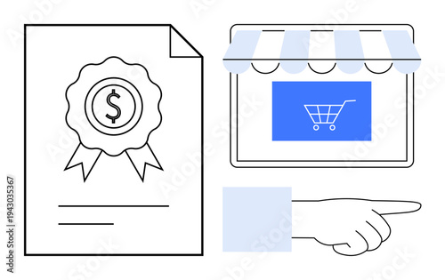 E-commerce, certification, online trade, financial transactions, business operations, trust. Paper certificate, online storefront hand pointing. E-commerce and certification