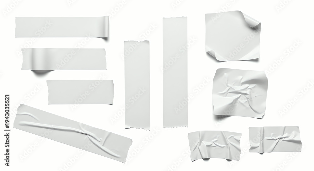Fototapeta premium Collection of white adhesive tape strips and rolls on white background