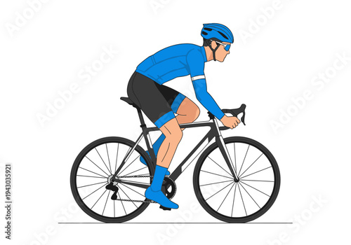 Cyclist in blue gear riding a black road bike illustration