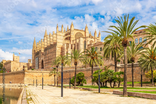 The Gothic Palma Cathedral (La Seu) and Royal Palace of La Almudaina framed by palm trees at Parc de la Mar in Palma de Mallorca, Spain.