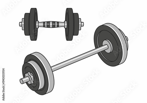 Illustration of a dumbbell and a partially assembled barbell with weight plates