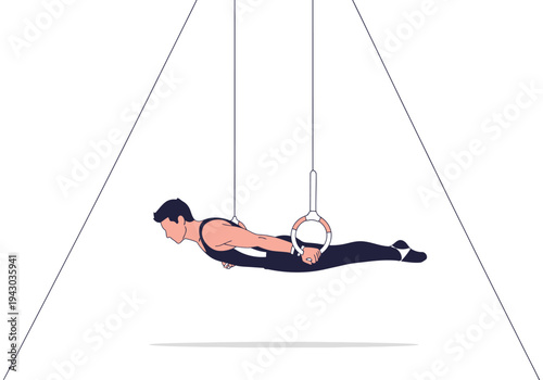Male gymnast holding a static false grip support on hanging rings