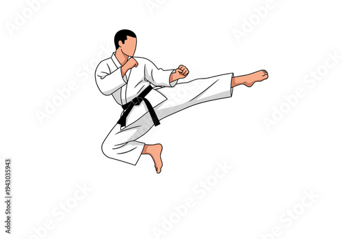 Karate practitioner in a white gi executing a flying side kick against a white background
