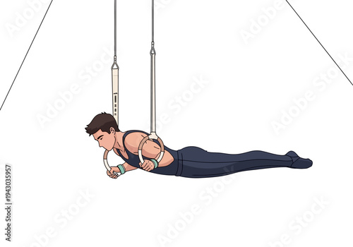 Male gymnast holding the iron cross position on suspended gymnastic rings