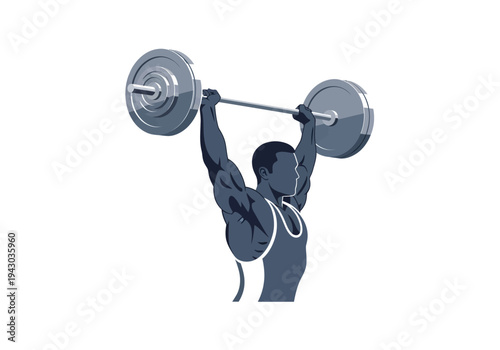 Muscular man in tank top successfully completes an overhead barbell press