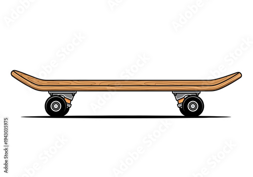 Side view illustration of a wooden skateboard with black wheels and silver trucks