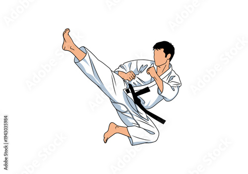 Male martial artist in a white gi executing a high side kick against a white background