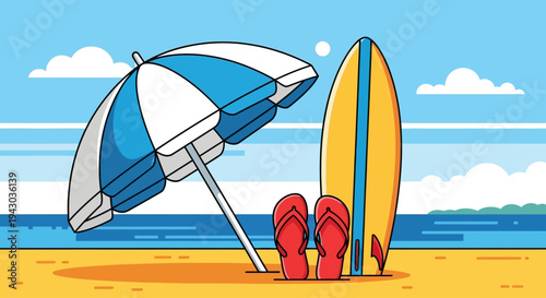 Summer Beach Scene with Surfboard Umbrella and Flip Flops Flat Vector Illustration for Vacation Travel Holiday and Tropical Lifestyle Concept