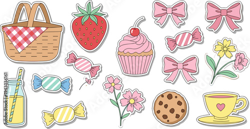 Colorful picnic accessories in cute cartoon style with bright vibrant lighting for spring party