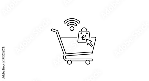 Online Shopping Cart with Smartphone and Wireless Signal Flat Vector Illustration for Ecommerce Digital Purchase and Mobile Shopping Concept