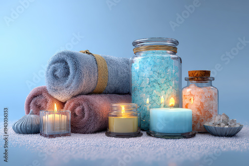 Spa Still Life with Towels, Sea Salt and Aromatherapy Candles Wellness Relaxation Concept