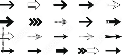 Collection of various black arrows on white background