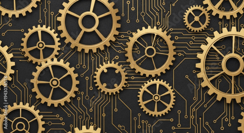 Golden Gears on Circuit Board Background, Technology and Engineering Concept