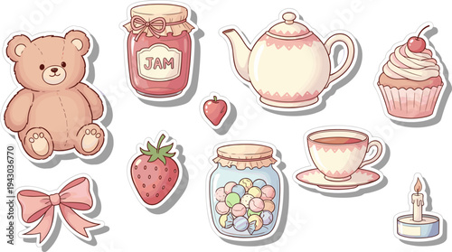 Whimsical tea party with teddy bear and sweet treats in pastel colors on white background for kids party decoration