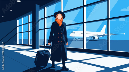 Vector illustration of a traveler with a suitcase at the airport, ready for a journey