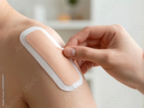 Close-up of person applying plain skin-tone adhesive bandage on upper arm