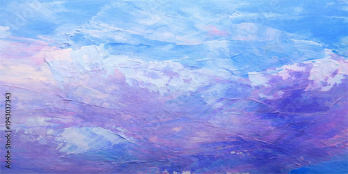 An abstract watercolor background of a beautiful bright blue sky with fluffy white clouds captures a clear summer day and the light, peaceful atmosphere of a high mountain landscape