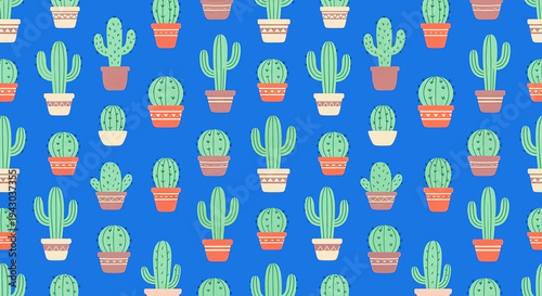 Seamless pattern with various green cacti in colorful pots on blue background.