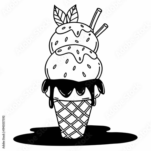 Funny cartoon ice cream cone with chocolate and vanilla scoop in a sweet colorful vector illustration of a cold tasty dessert icon