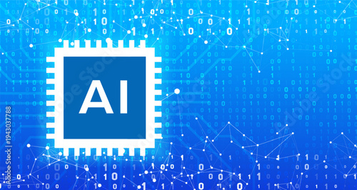 Artificial intelligence microchip with text AI on a blue digital background, featuring connected network nodes, lines, and binary code 0, 1, representing advanced computing technology.