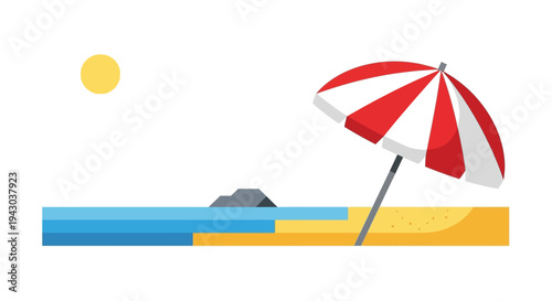 Beach umbrella on sandy shore with blue water and sunny sky in colorful summer illustration for travel advertising