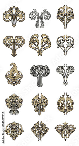 Ornamental floral designs vector set against dark background