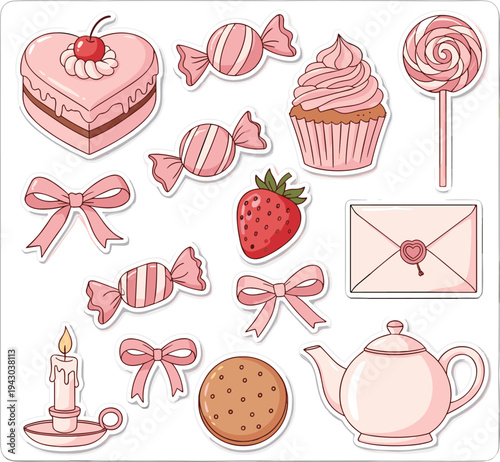 Pink sweet treats flat lay with bows and tea in soft pastel colors on white background for Valentines Day