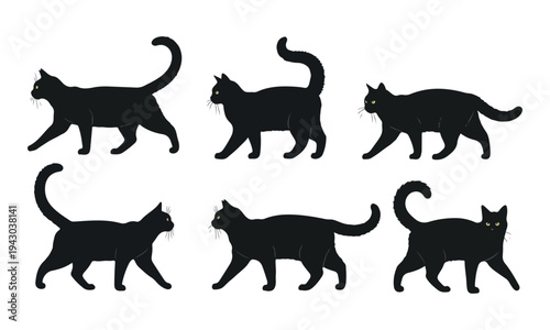 Set of black cat silhouettes walking on white background