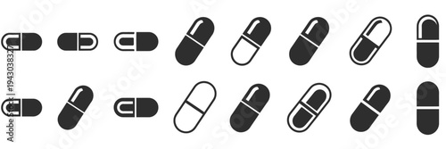 Pill capsule vector icon set, multiple style collection, doctor day silhouette medical symbols for healthcare, medicine, pharmacy, pharmaceutical, and medical illustration projects.