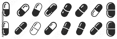 Pill capsule vector collection, includes multiple styles and doctor day silhouette icons for healthcare, pharmacy, medicine, hospital, and medical design projects.