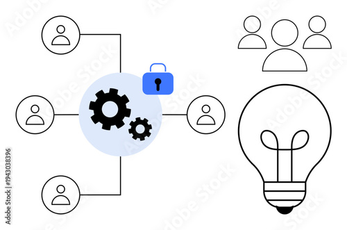 Data security concept. Data security illustrated with network connections, gears, lock, and a light bulb innovation. Data protection for collaboration, innovation, fintech, cloud computing app