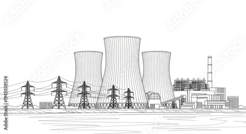 Industrial Power Plant Sketch Illustration.