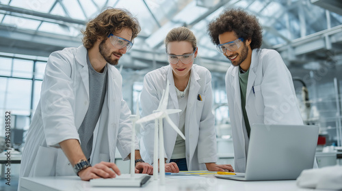 AI generator images of team is conducting research or experiments on renewable energy, clean energy, and wind turbine models, indicating that they are testing or designing technologies for generating 