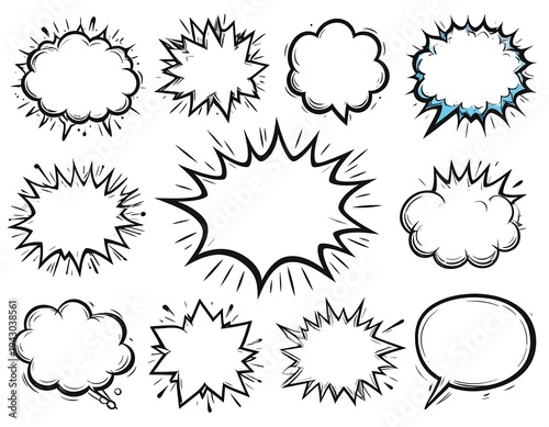 Comic speech bubbles A collection of ten hand-drawn black-and-white cartoon thought/dialogue bubbles