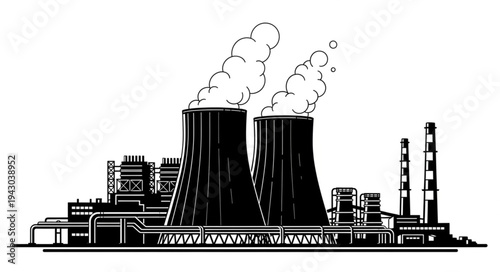 Industrial Power Plant with Cooling Towers.