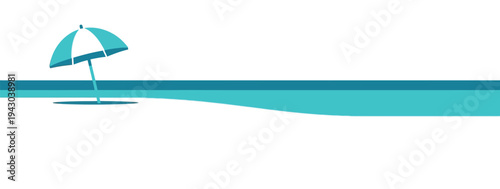 Teal beach umbrella on white sandy shore in serene sunny weather for travel brochure