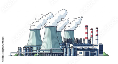 Industrial Power Plant with Cooling Towers.