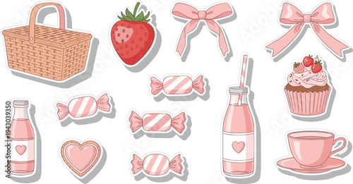 Pink sweet treats picnic basket with strawberry and cupcake in pastel color flat illustration for Valentines Day
