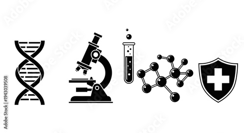 Symbols representing genetics, biology, chemistry, and medicine