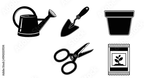 Set of gardening and crafting tools including watering can, trowel, shears, and pot