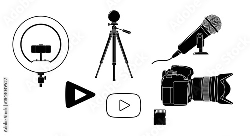 Collection of icons representing video recording and broadcasting equipment