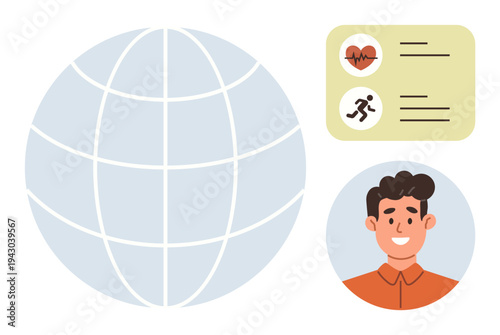 Global health, fitness tracking, personal data, user profiles, digital platforms, healthcare. A globe, smiling person heart rate and running activity. Global health and fitness tracking concept
