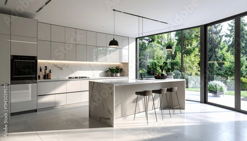 Modern Kitchen Design with Island and Large Windows for Natural Light and Views.
