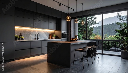 Modern Kitchen Design with Island and Large Windows Overlooking Nature.