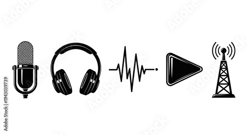 Audio recording and broadcasting icons in a sequential flow