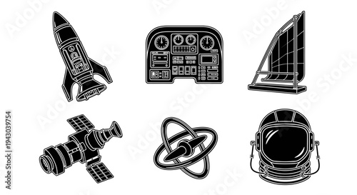 Icon set of various space exploration and astronomy equipment and symbols
