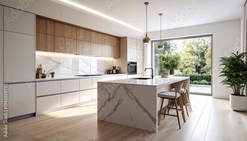 Modern kitchen design with island, cabinets, and large windows with natural light and plants.