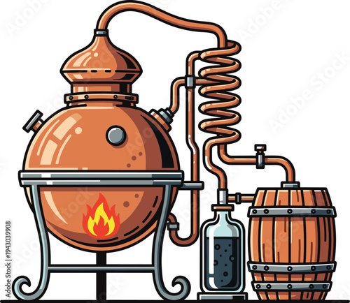 Copper distillation apparatus, alcohol production, chemistry equipment, traditional still, coiled tube, condenser, barrel storage, liquid process, brewing, fermentation