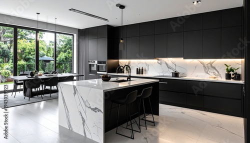 Modern Kitchen Design with Marble Island and Black Cabinets.