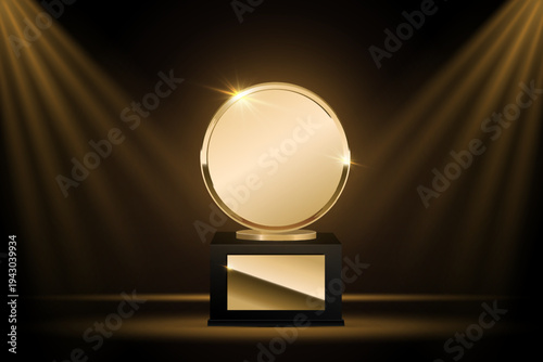 Golden award ceremony, Nomination winner golden award medal on stand, Badge of victory in sports competitions or film industry.